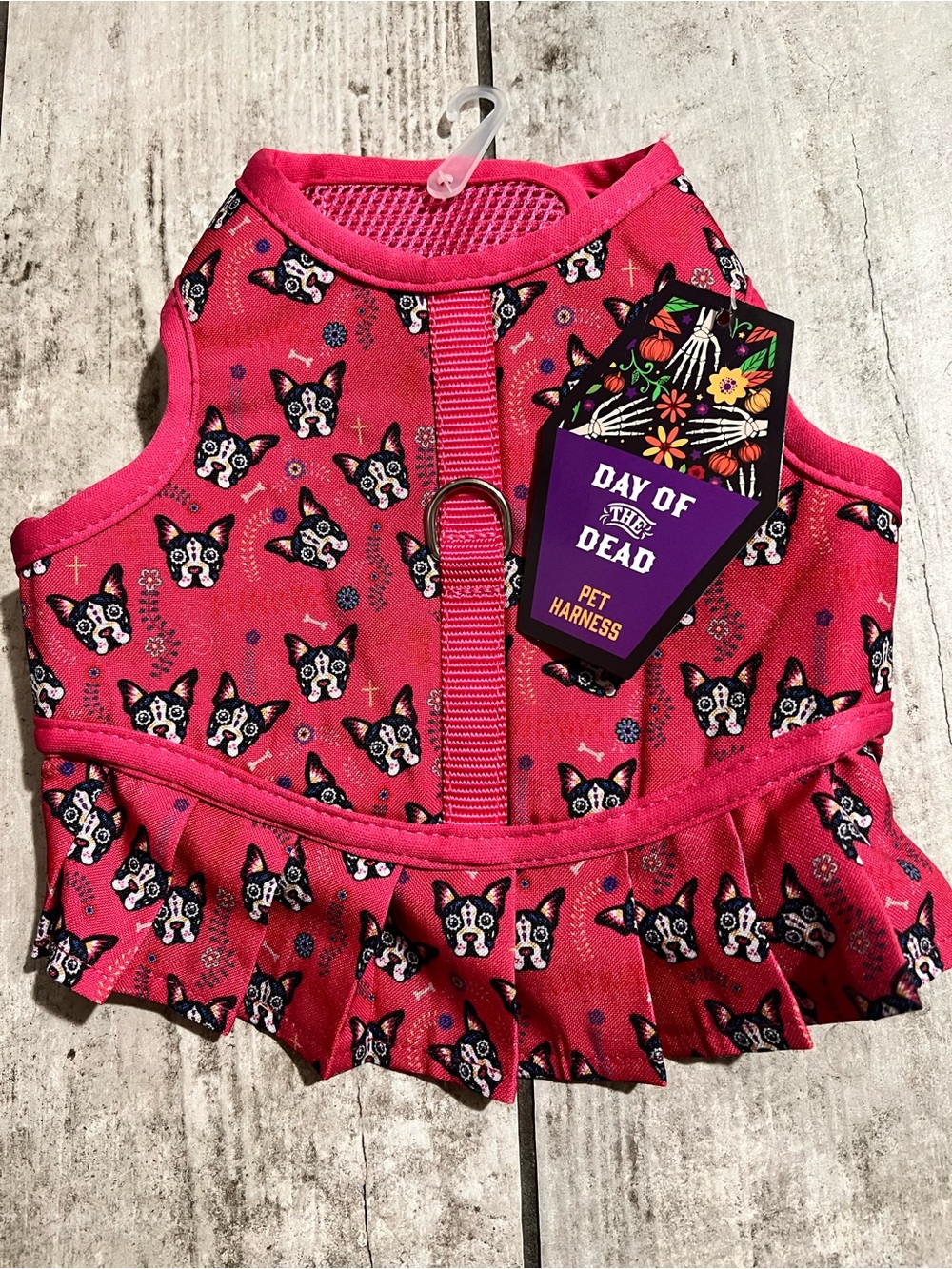 Day of the Dead Pink Dog Harness with Ruffle skirt - Size Small